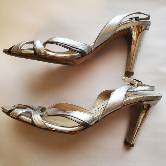 Jimmy choo  silver ankle strap sandals.  36 1/2. Flawed gem - Picture 2 of 10
